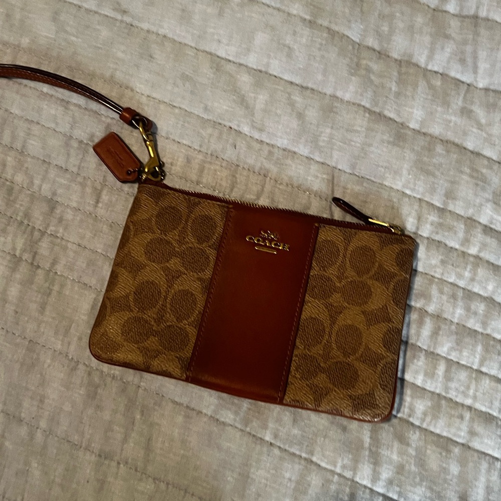 Coach Tan and Brown Signature Wristlet